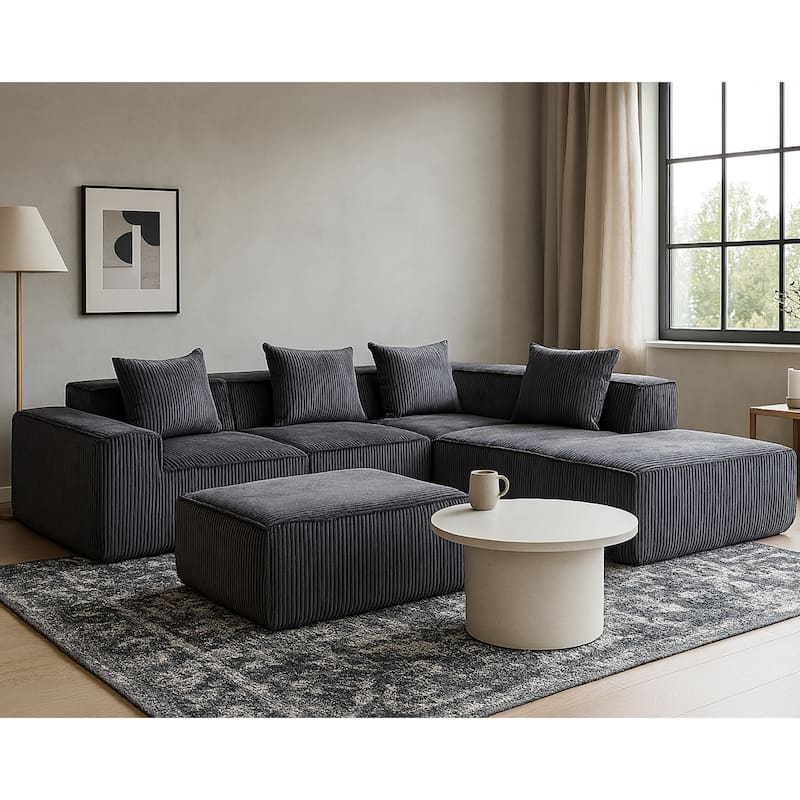 Corduroy Modular Sectional Sofa with Chaise Lounge, Deep Seat, Ottoman