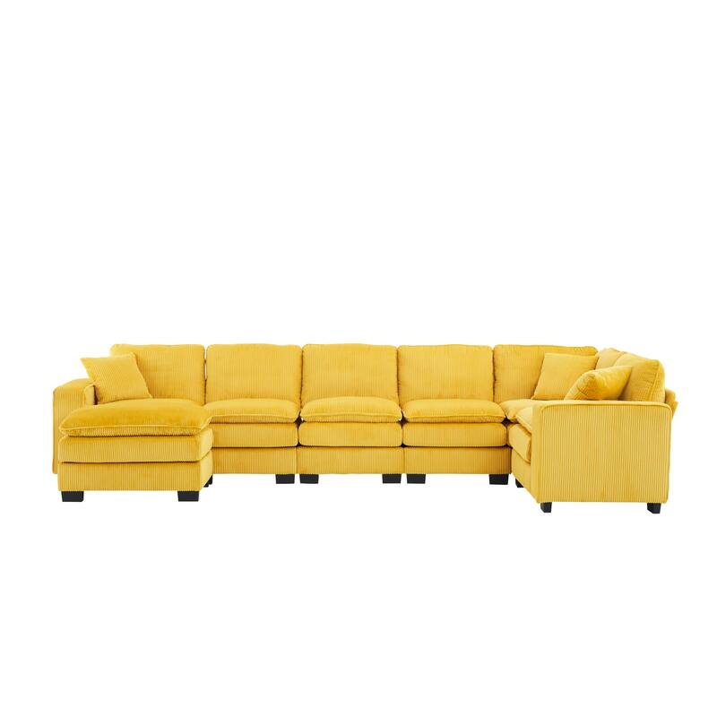 Corduroy Upholstered U-shaped Chaise Sectional Sofa Modular Sleeper Sofa Bed Deep Seat Couch with Ottoman and Pillows