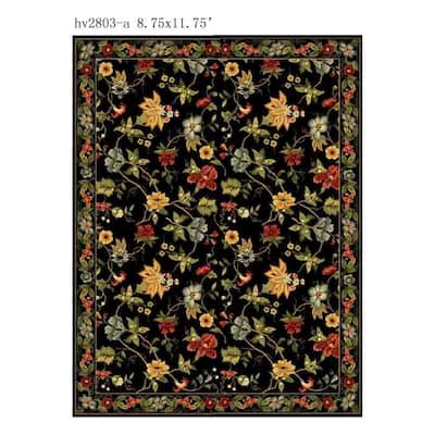 Hand-Hooked Wool Area Rug - Floral Design - 8x11.5 ft - European Style - Durable Home Decor - 141 x 105