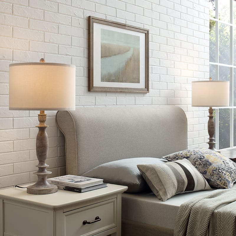 29 in. Wood Farmhouse Table Lamp with White Linen Shade, 9.5-Watt LED Bulbs Included (Set of 2) - 2-Pack 29"H
