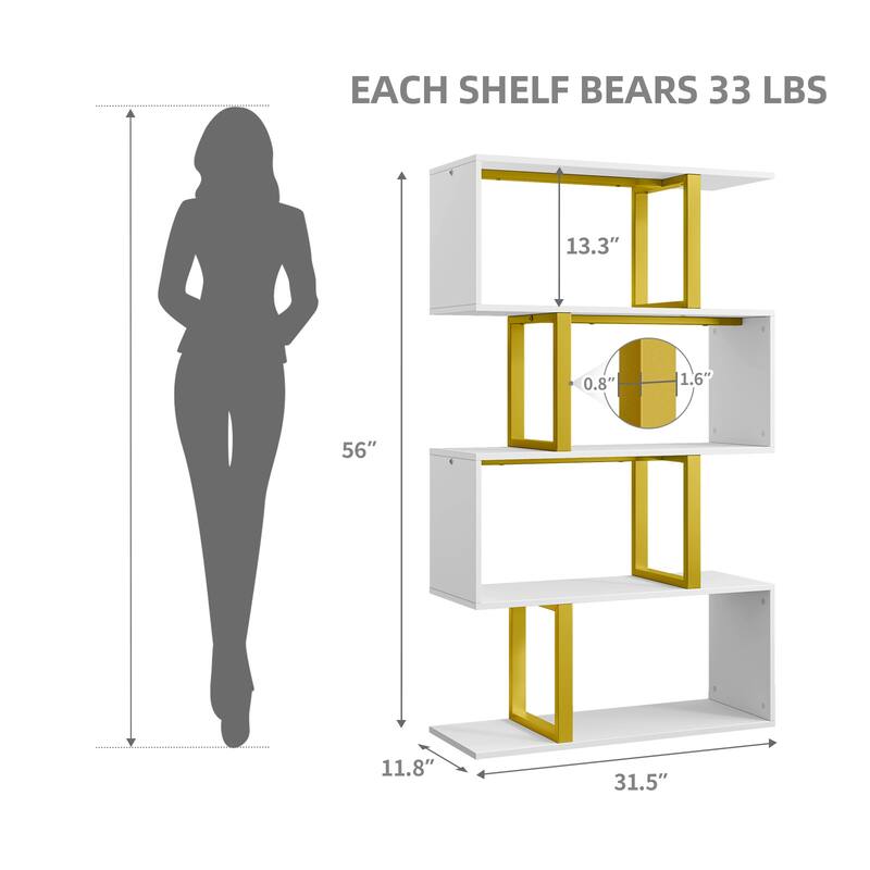 Hermoth Wood 5 Tiers Bookshelf S-Shaped Z-Shelf Style Bookcase Storage Display