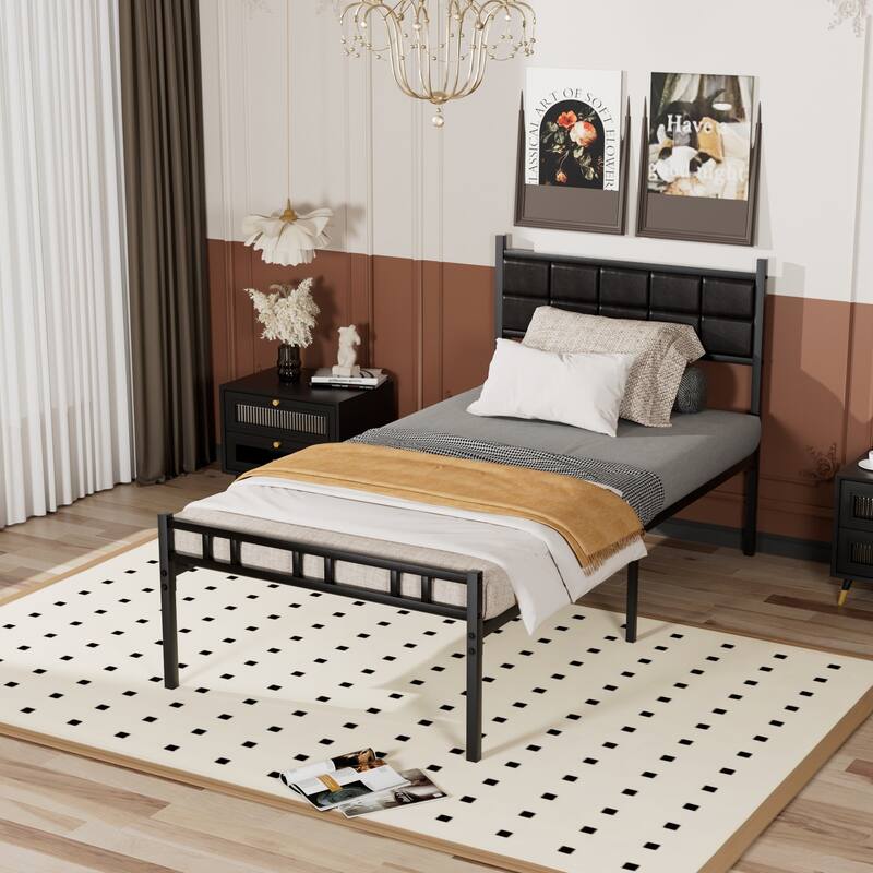Javlergo Metal Bed Frame with PU Upholstered Headboard, No Box Spring Needed