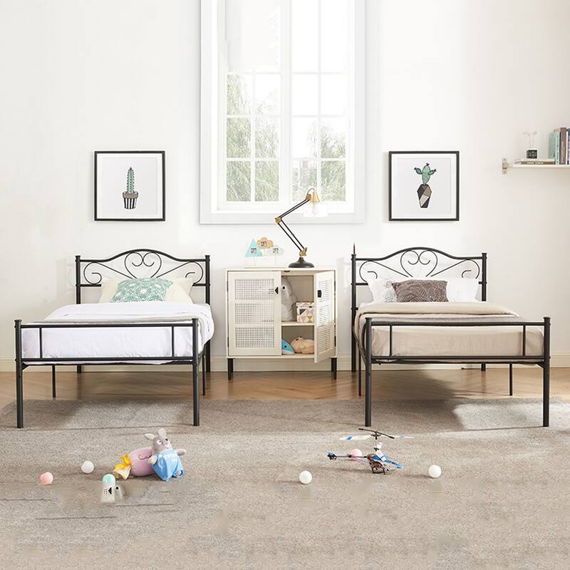 Javlergo Set of 2 Twin Metal Platform Bed Frame with Headboard and Footboard, No Box Spring Needed - Black - Twin
