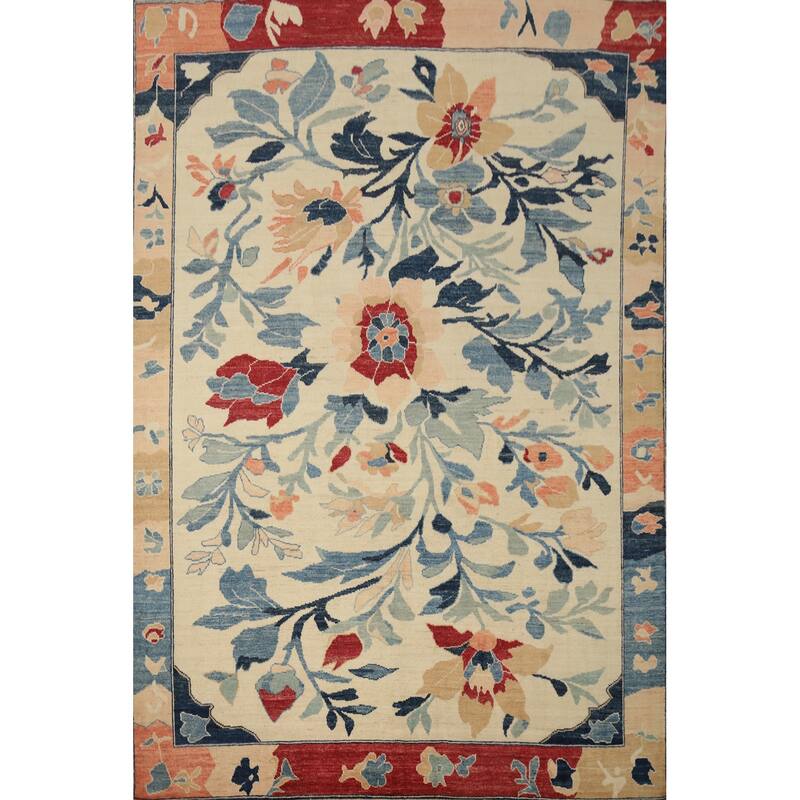 Hand Knotted Oriental 100% Wool Carpet Transitional Floral Beige & Ivories Oushak Area Rug - 9' 11'' X 8' 3''