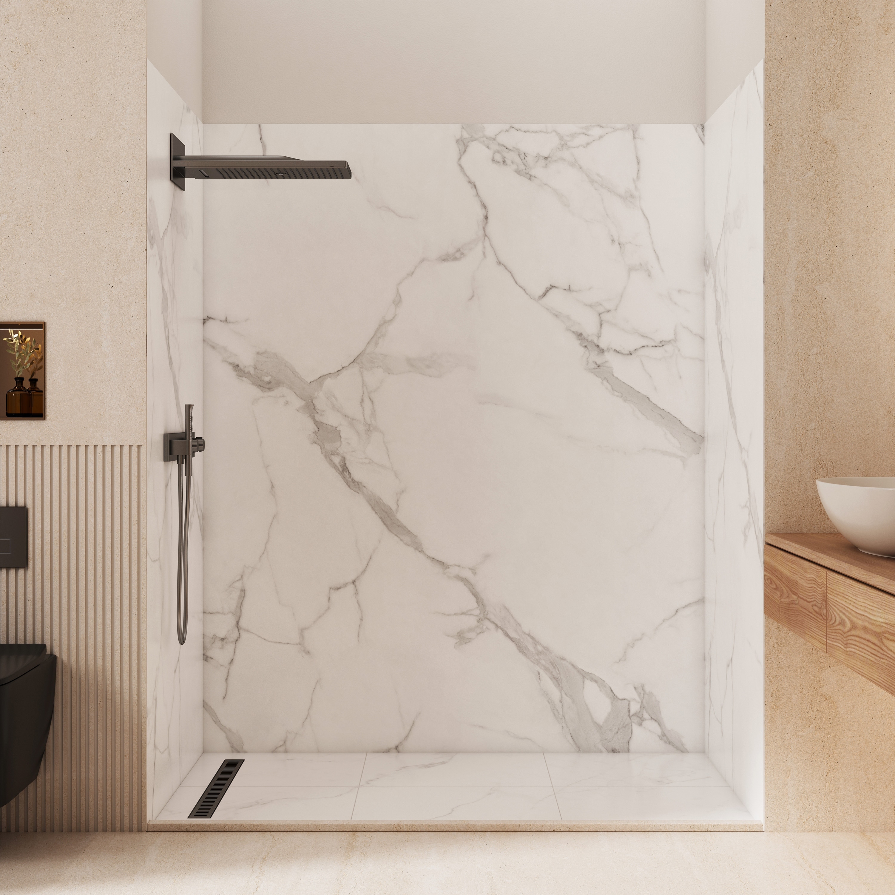 Cultured Marble 4-Piece Glue-Up Alcove Shower Surround Kit with 7mm Matte Marble-Look Waterproof Shower Wall Panels