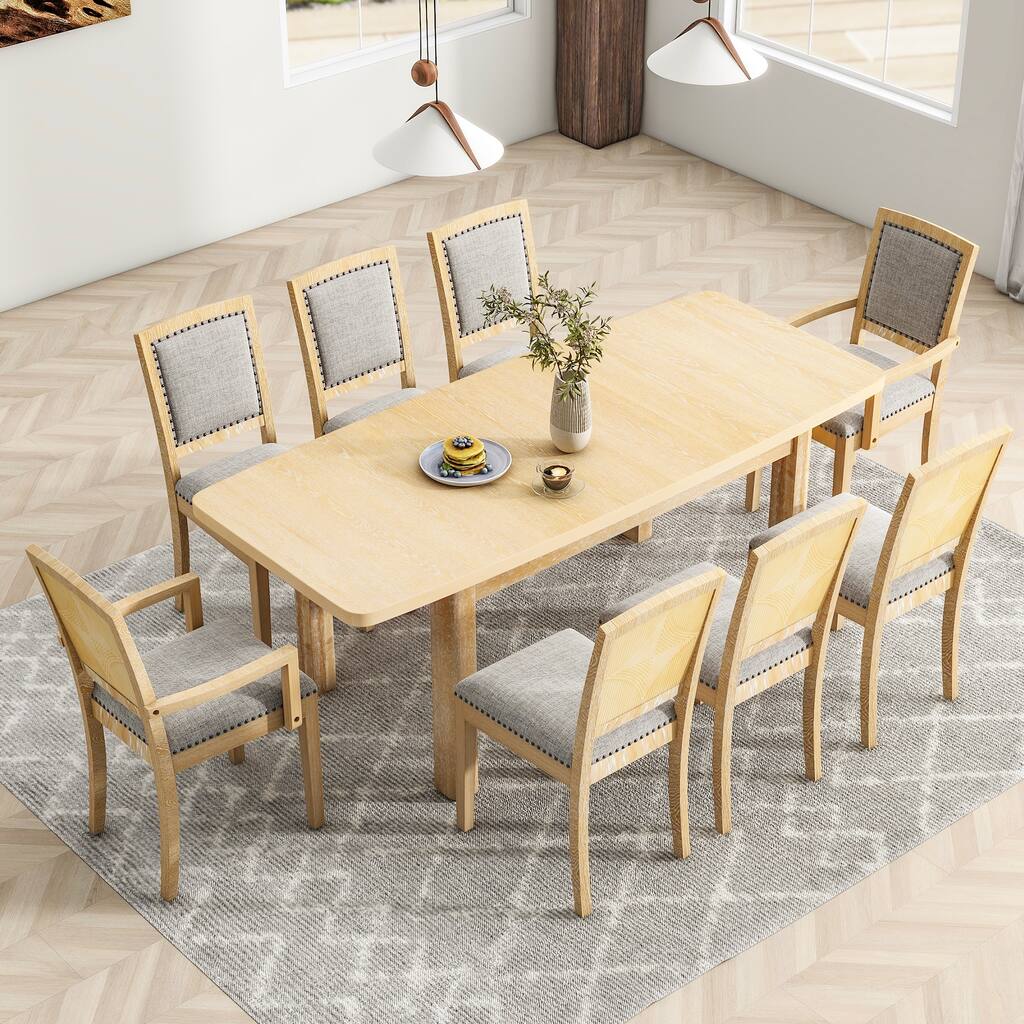 9 Pieces Extendable 84inch Dining Table Set with Removable Leaf , 6 Upholstered Armless Dining Chairs and 2 Padded Arm Chairs
