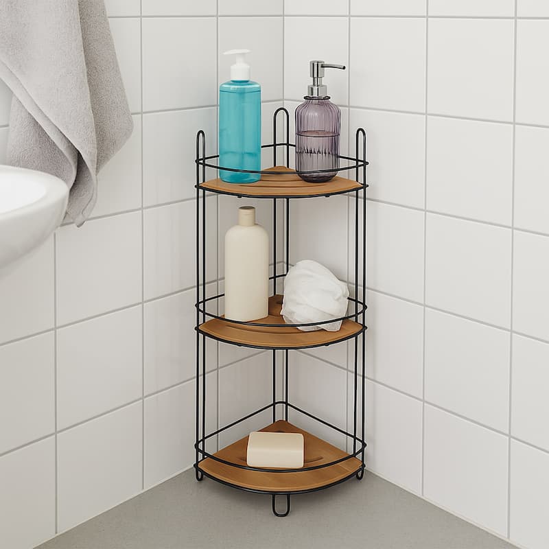 Corner Bathroom Organizer Storage Tower 3 or 2 Shelves Bamboo Black Metal - 3 Shelves - Black / Bamboo
