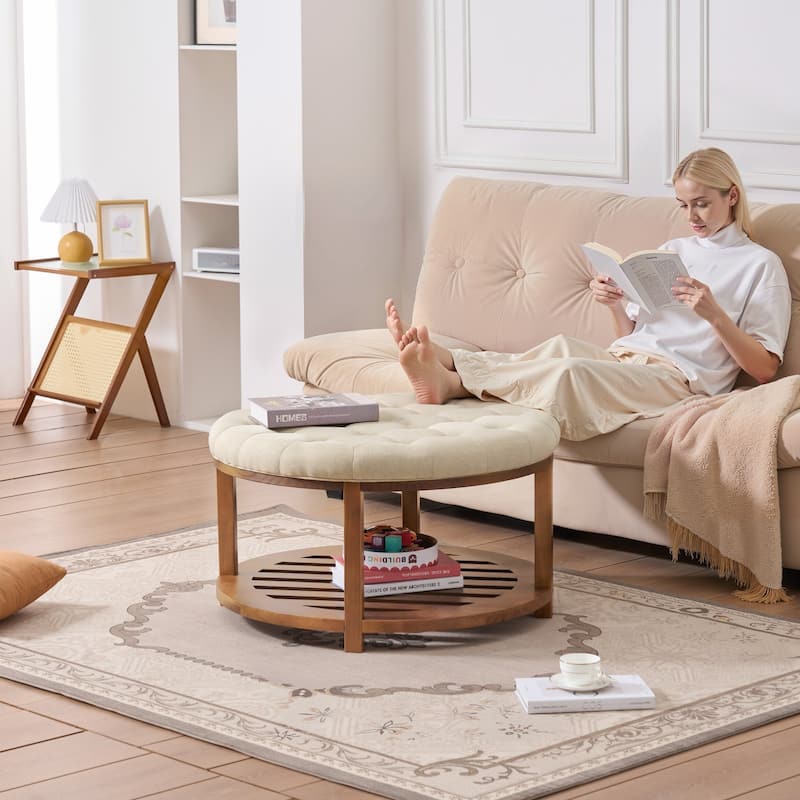 Linen Round Ottoman Coffee Table with Storage Tufted Upholstered Bench Footrest 350 lbs Capacity