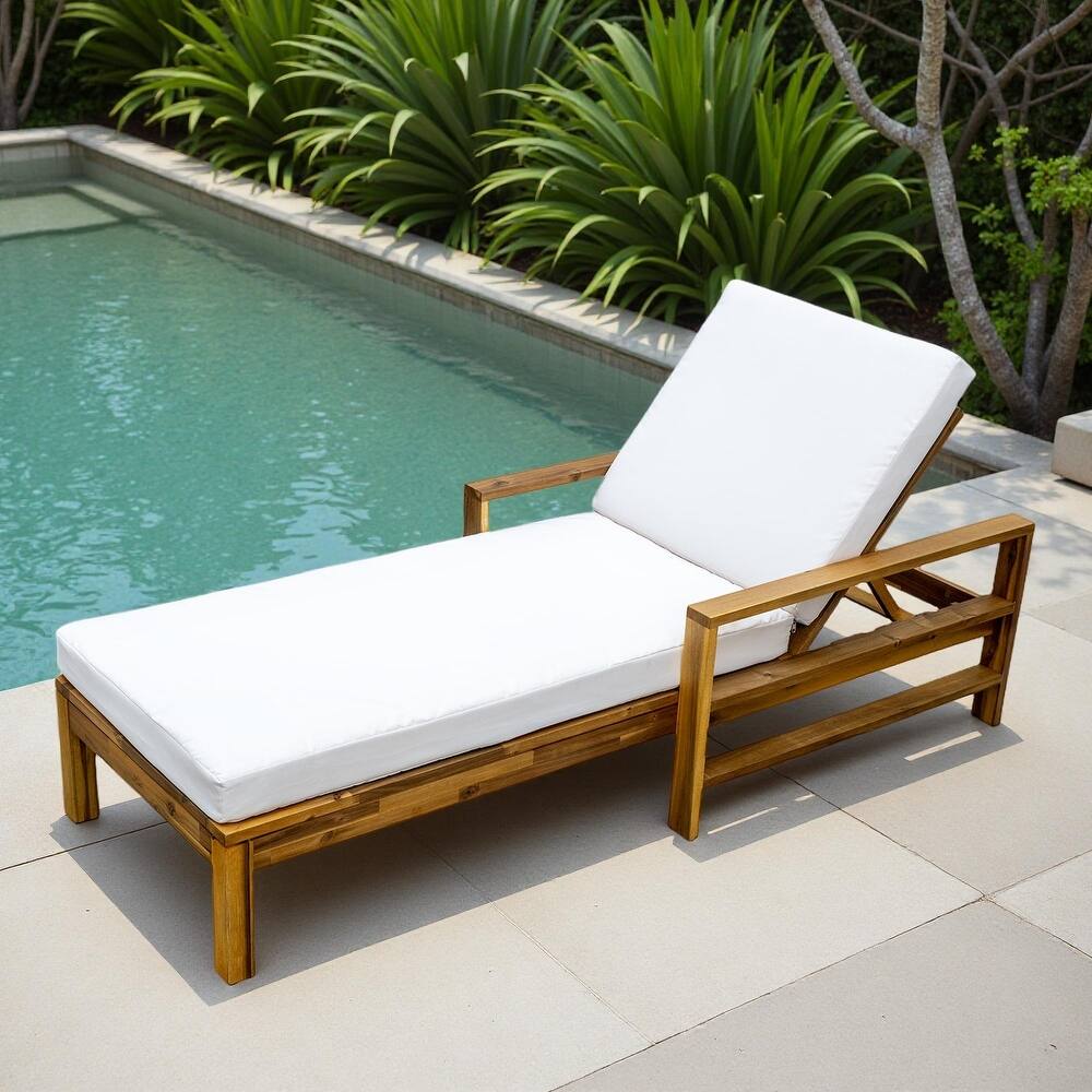 Outdoor Patio Acacia Wood Daybed Lounge Chair with Adjustable Backrest