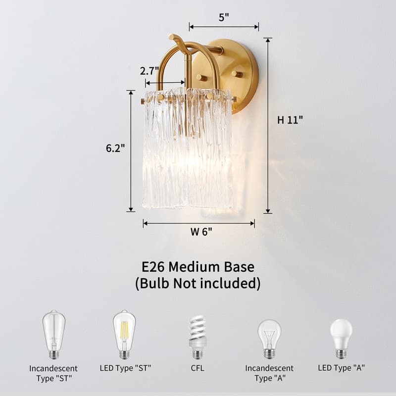 KAWOTI 1-Light Modern Glam Wall Sconce with Textured Glass Shade