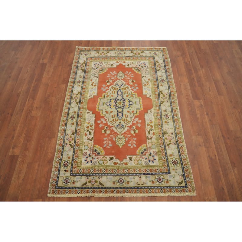 Hand Knotted Oriental 100% Wool Carpet Traditional Floral Oranges & Rust Tabriz Area Rug - 4' 10'' X 3' 3''