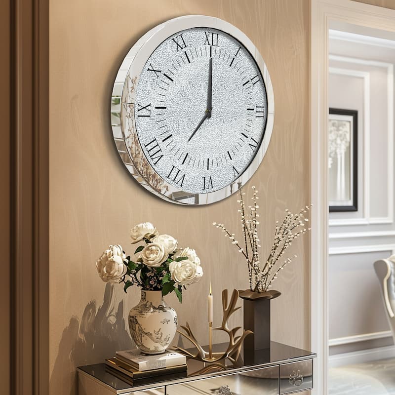 24" Large Silver Round Mirror Wall Clock Twinkle Crystal Diamond