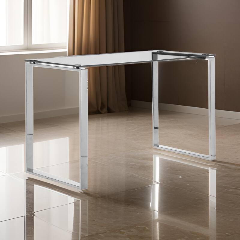 Elen 47 Inch Desk, Rectangular Tempered Glass Top, High Polished Steel