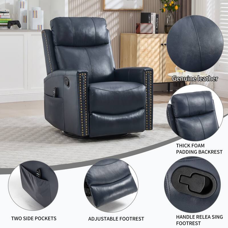 Roomfitters Genuine Leather Swivel Rocker Recliner, Manual Massage Glider with Heat and Top Grain Cowhide, Living Room