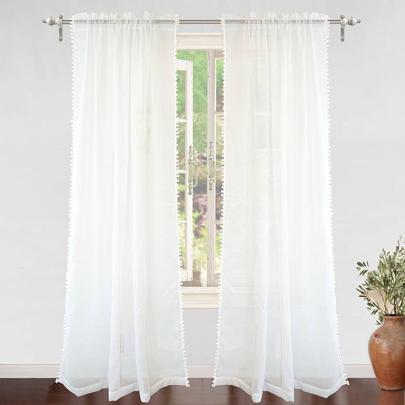 DriftAway Laura Pom Pom Sheer Window Curtain Panel Pair - 52" width x 84 " length - White