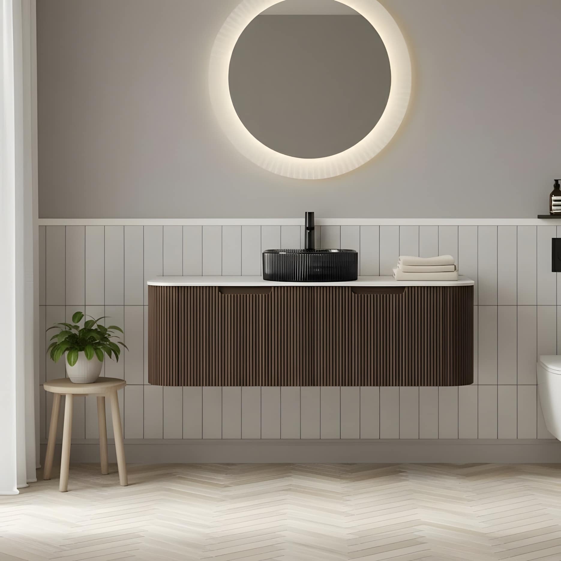 Wall Mounted Bathroom Vanity with Transparent Black Round Glass Basin