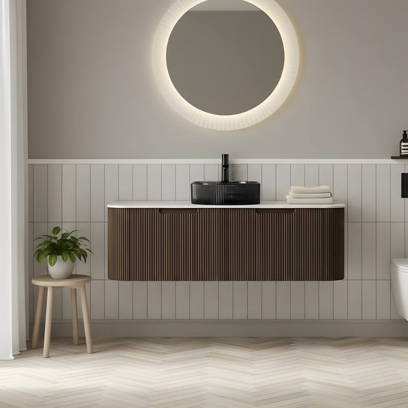 Wall Mounted Bathroom Vanity with Transparent Black Round Glass Basin - 48 - Dark Walnut