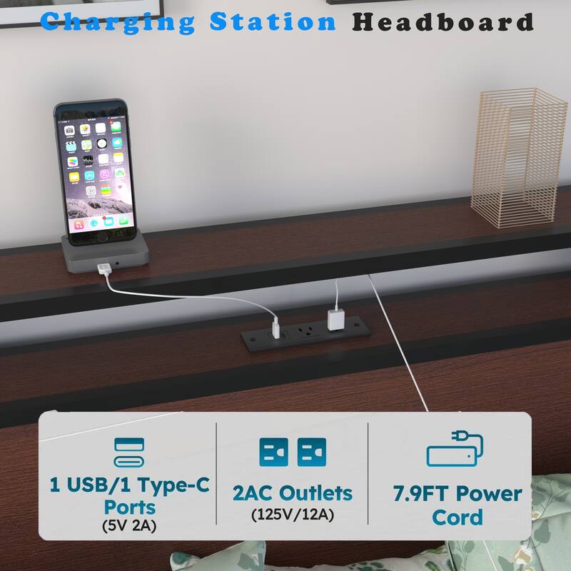 Storage Bed with 4 Drawers, Platform Bed with LED Lights and Storage Headboard Built-in Charging Station