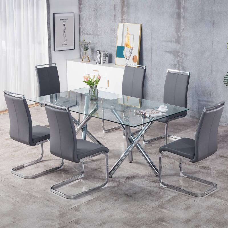 Modern PU Faux Leather High Back Dining Chairs with C-shaped Tube Chrome Metal Legs for Multiple Rooms
