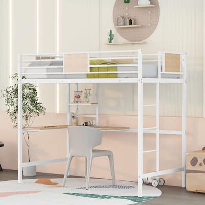 White Twin Size Metal Loft Bed with Desk and Shelves for Kids
