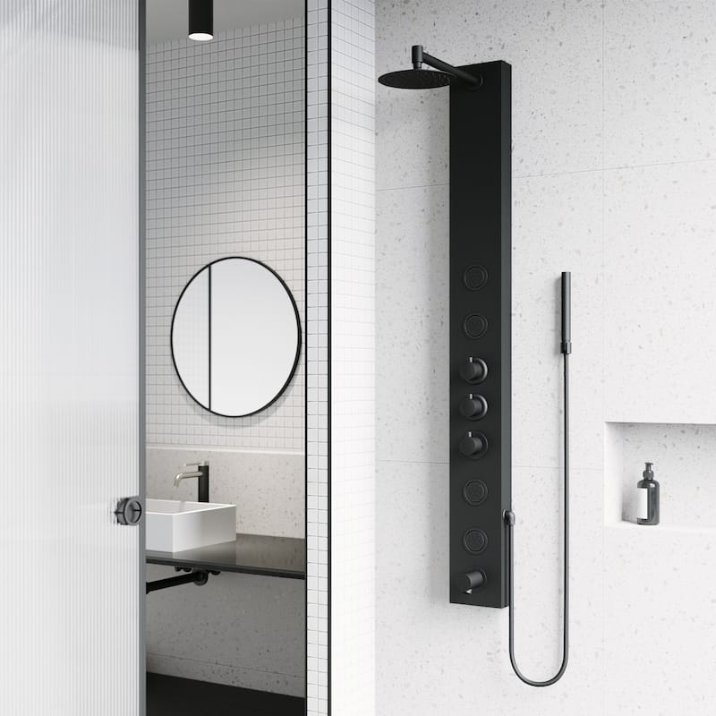 VIGO Bowery 59" H x 6" W 4-Jet Shower Panel with Round Shower Head and Tub Filler