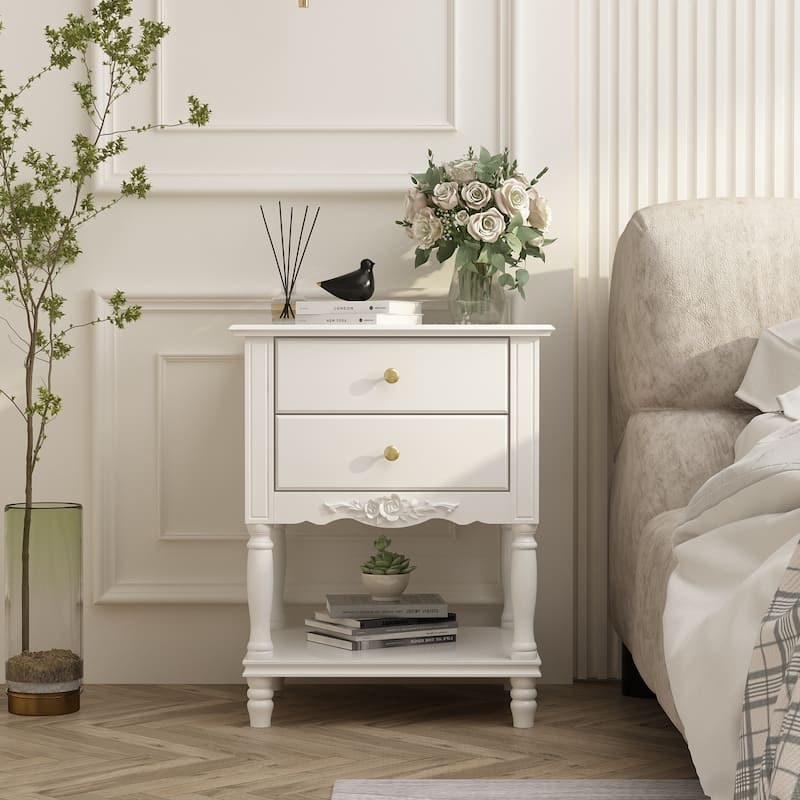 Nightstand Side Tables Drawers and Open Storage Shelf White Lacquer