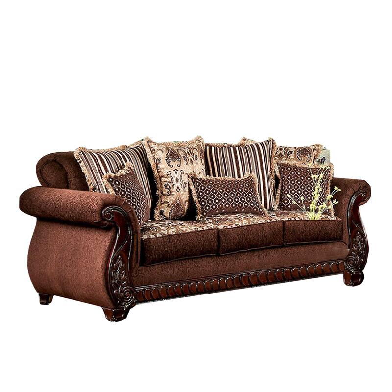 Nadira 2pc Sofa Loveseat Set, Brown Faux Leather, Gold 5 Throw Pillows