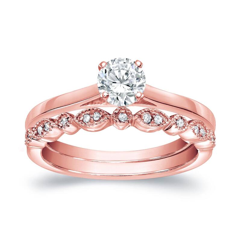 Auriya 14k Gold 1/2ctw Vintage Round Solitaire Diamond Engagement Ring Set - Rose - 4