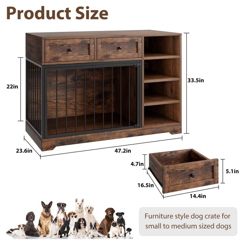 Wooden Dog Cage Furniture Indoor Crate Kennel TV Stand with Drawers Shelves