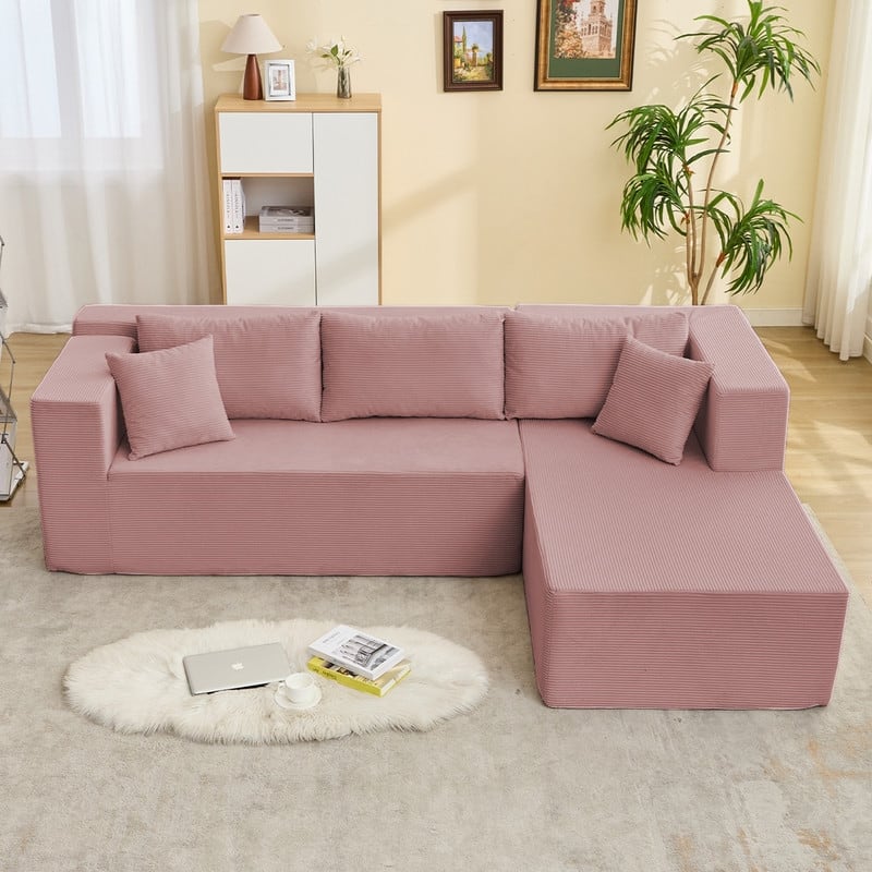 Mixoy W106'' Modern 2-Piece Free Combination Corduroy Upholstered L-Shaped Modular Sectional Sofa with Right Chaise and Pillow