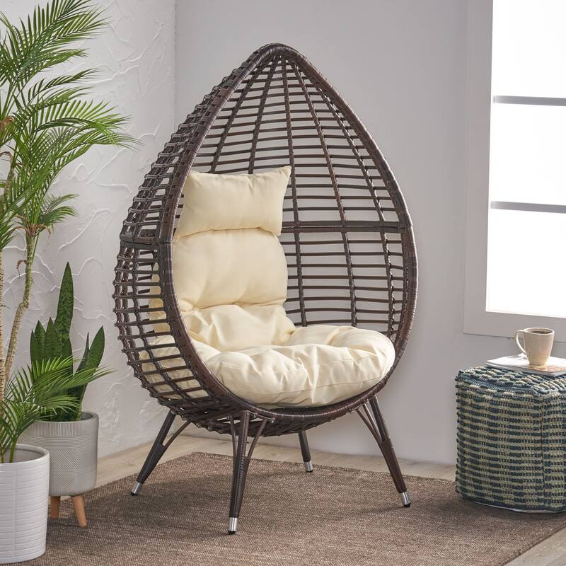Roomfitters Outdoor Indoor Wicker Egg Chair, Teardrop Lounge Chair with Soft Cushions and Metal Legs for Patio, Brown+Beige - Brown+Beige