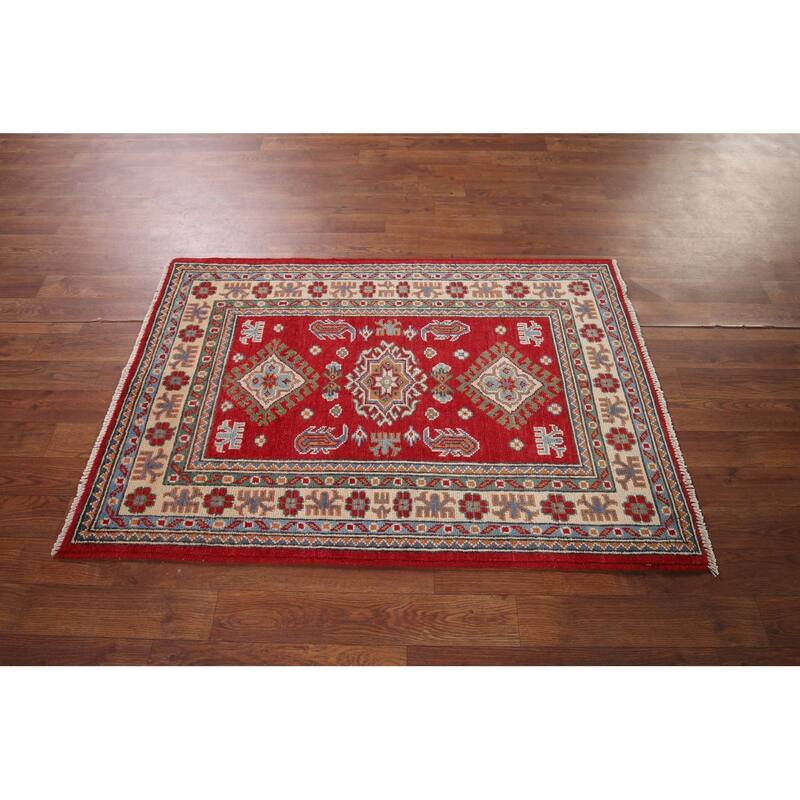 Geometric Red Kazak Oriental Accent Rug Hand-Knotted Wool Carpet - 2'8" x 4'1"