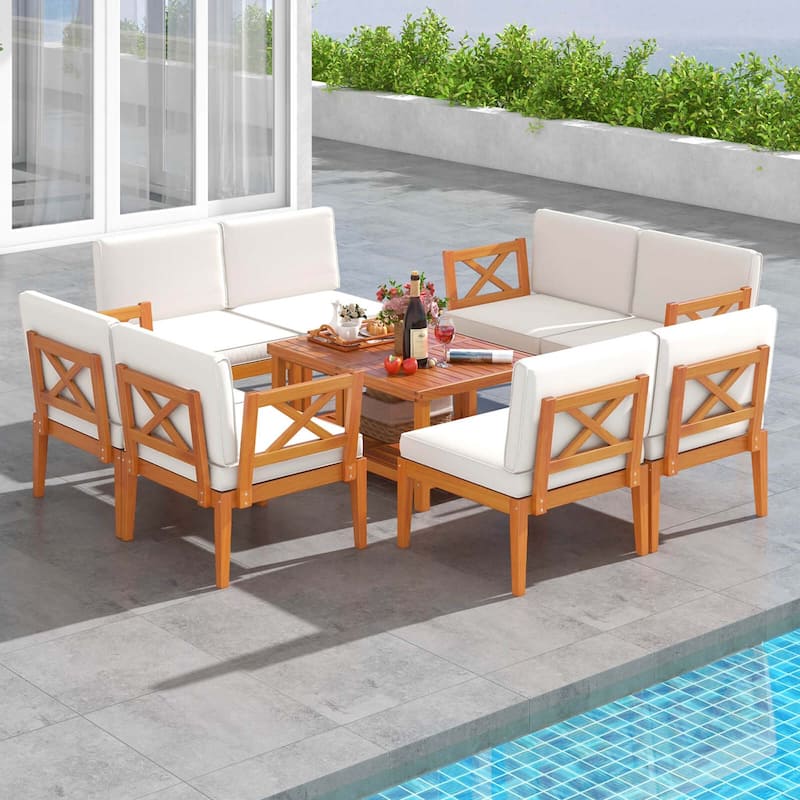 Costway 10 PCS Acacia Wood Patio Furniture Set with Cushions and - See Details