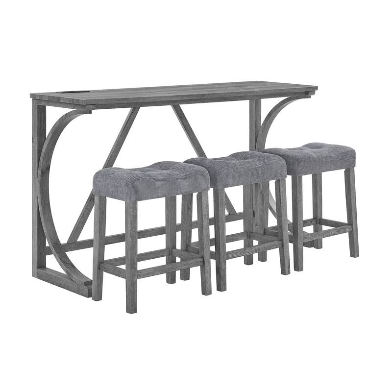 59" Bar Table Set with Power Outlet, Industrial Breakfast Table with 3 Stools, 4 Piece Counter Height Bar Table and Chair Set