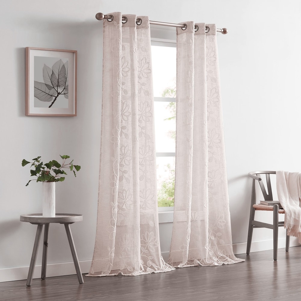 Dainty Home Rita Chenille Floral Embroidered Faux Linen Textured Light Filtering Grommet Curtain Panels, Set of 2 Panels
