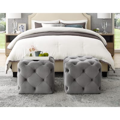 Silver Orchid Karloff Velvet or Linen Square Modern Tufted Ottoman
