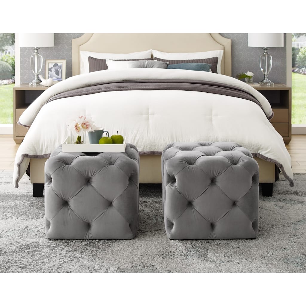 Silver Orchid Karloff Velvet or Linen Square Modern Tufted Ottoman