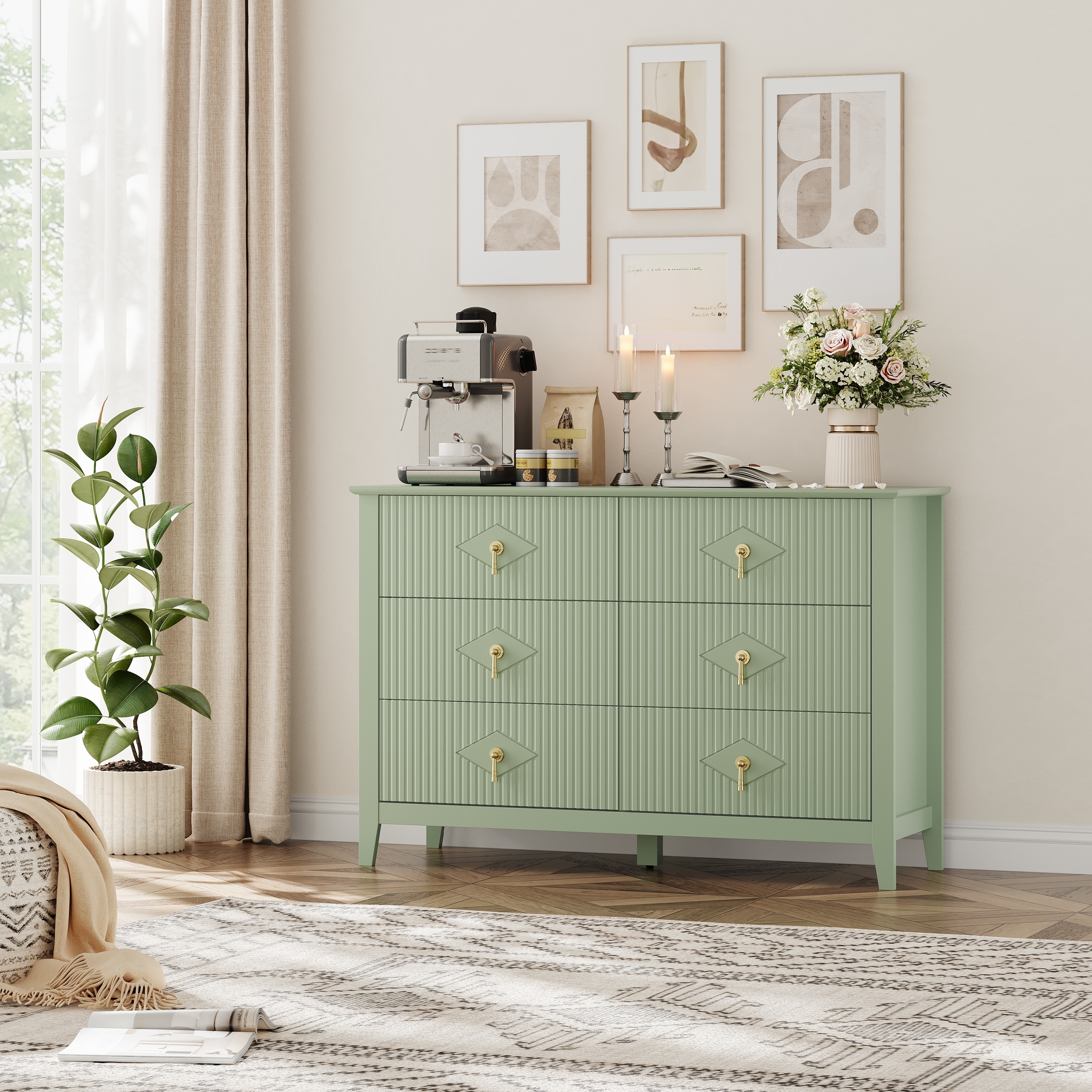 47.2" Wide 6-Drawer Storage Dresser, Modern Wave Design Wooden Chest of Drawers with Metal Handle