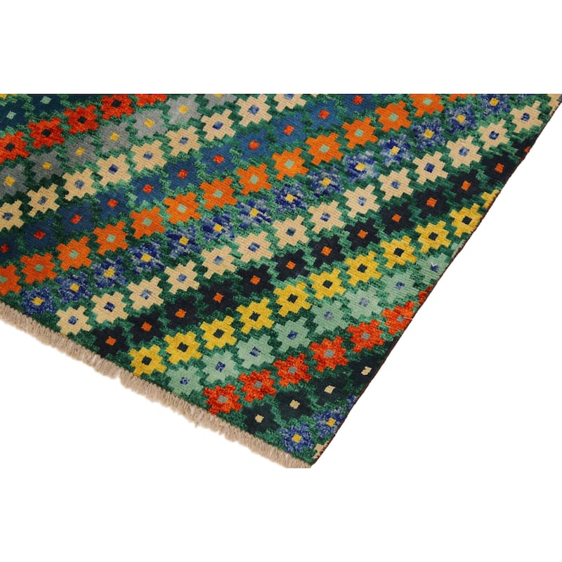 Modern Balochi Rice Green/Beige Hand Knotted Wool Rug - 4'11'' x 6'8''