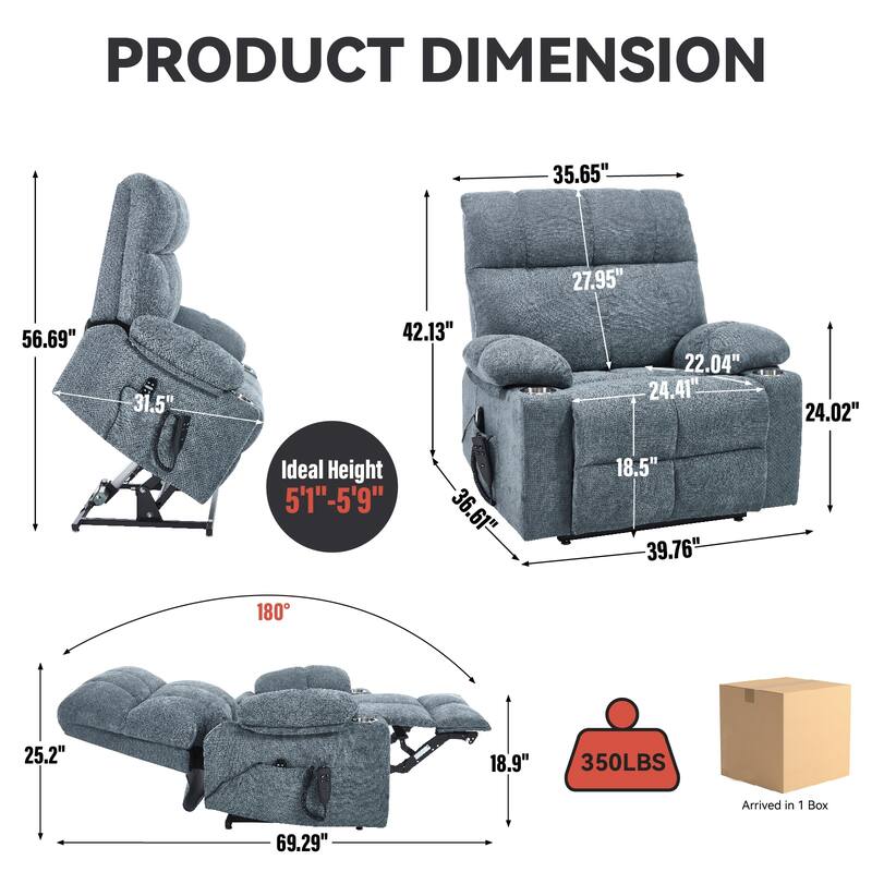 Dual Motor Power Lift Recliner Chair - 350 LB Capacity, Infinite Position, with Massage & Heating in Chenille Fabric