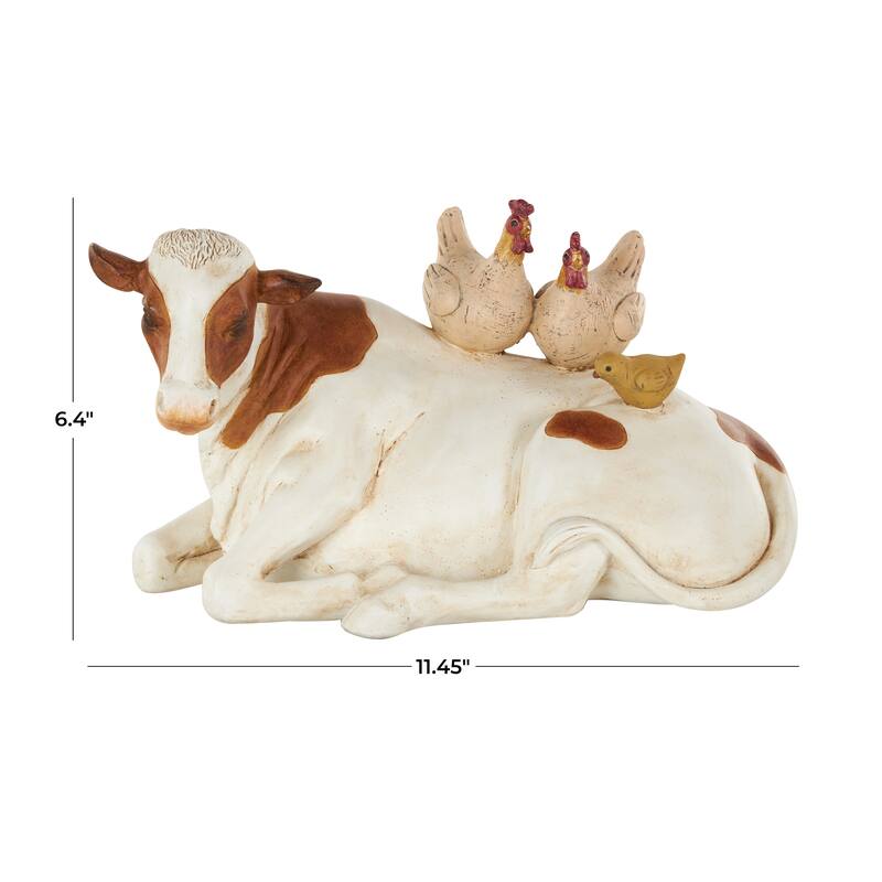 Polystone Cow Decorative Sculpture with Sitting Roosters and Chicks - Copper or Cream