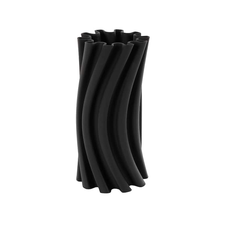 Black Ceramic Curvy Ribbed Abstract Vase with Floral Shaped Rim