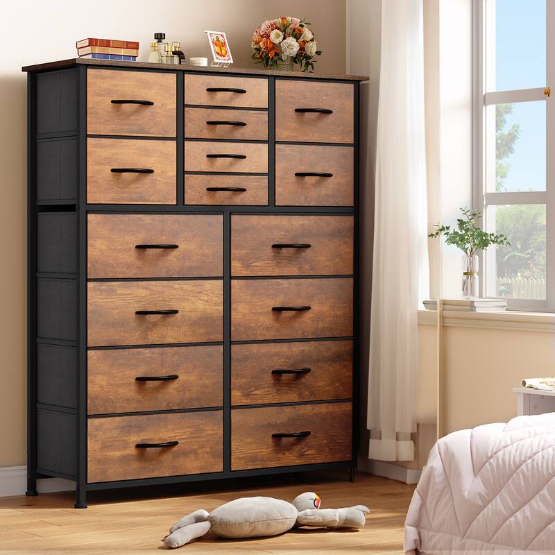 Moasis 16-drawer Dresser with Metal Frame, Wood Tabletop