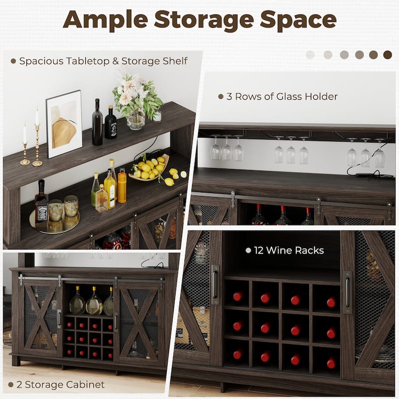 EROMMY Farmhouse Coffee Bar Cabinet with LED Lights, Sliding Barn Door, Wine Racks and Glass Holder, Home Liquor Cabinet