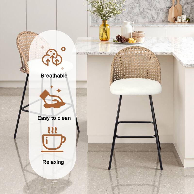 Coastal Rattan Back Counter Height Upholstered Bar Stools