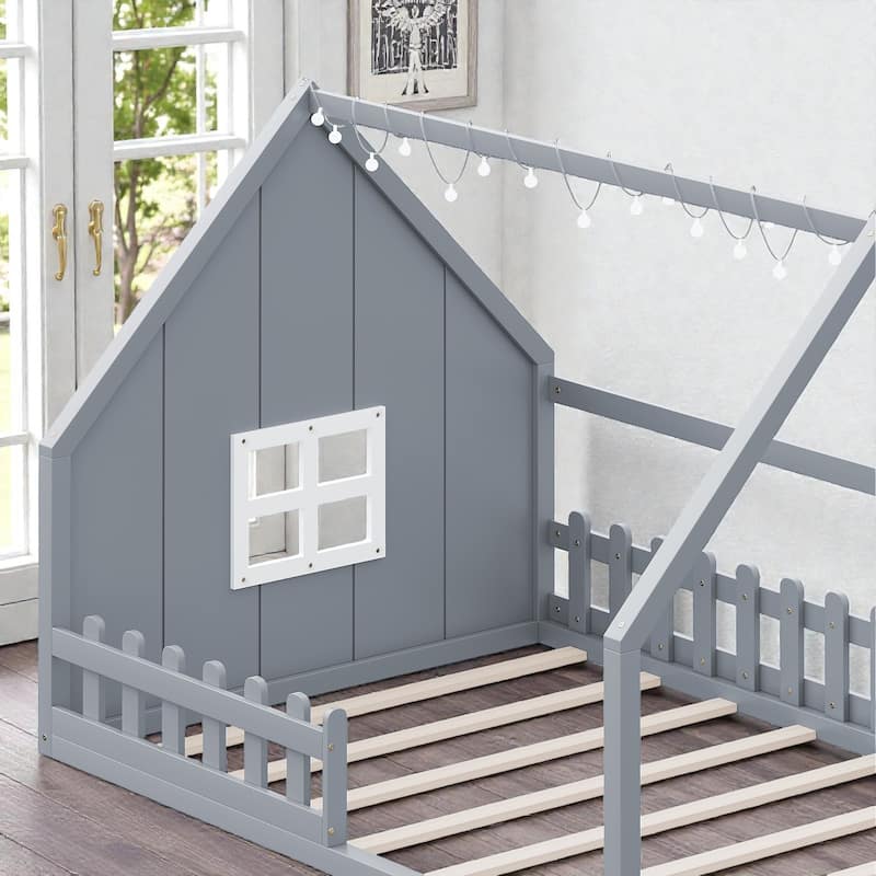 Full Size Wood House Bed with Window, Fence and LED Lights, Rustic Kids Floor Bed Frame