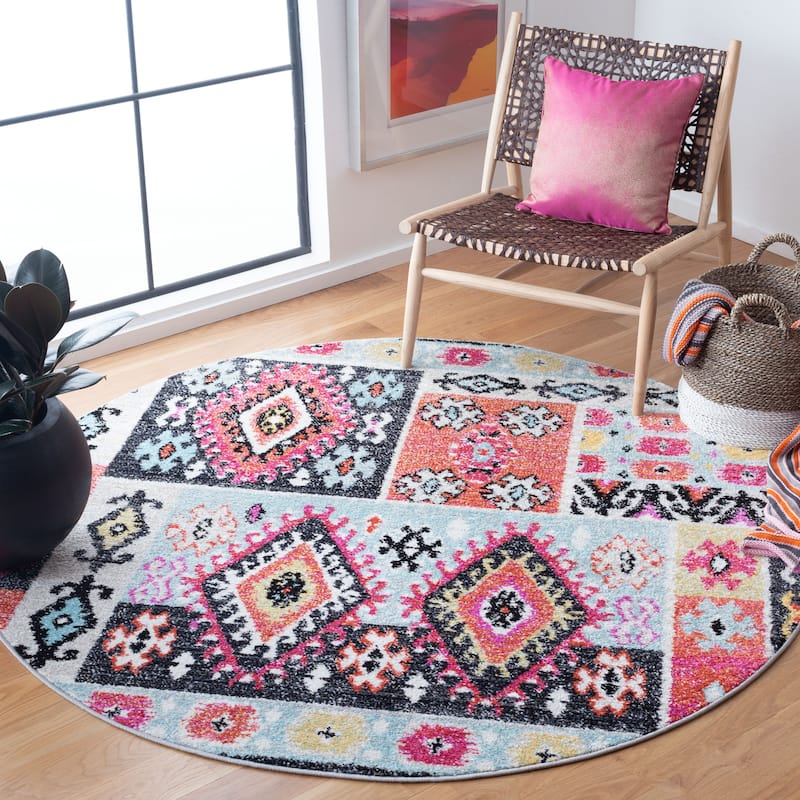 SAFAVIEH Adirondack Hayriye Moroccan Boho Tribal Rug - 6' Round - Aqua/Fuchsia