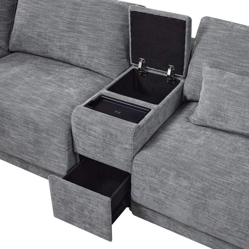 124'' L-Shaped Sectional Sofa Chenille Upholstered Cloud Couches with Multi-Functional Storage Console & Movable Ottoman