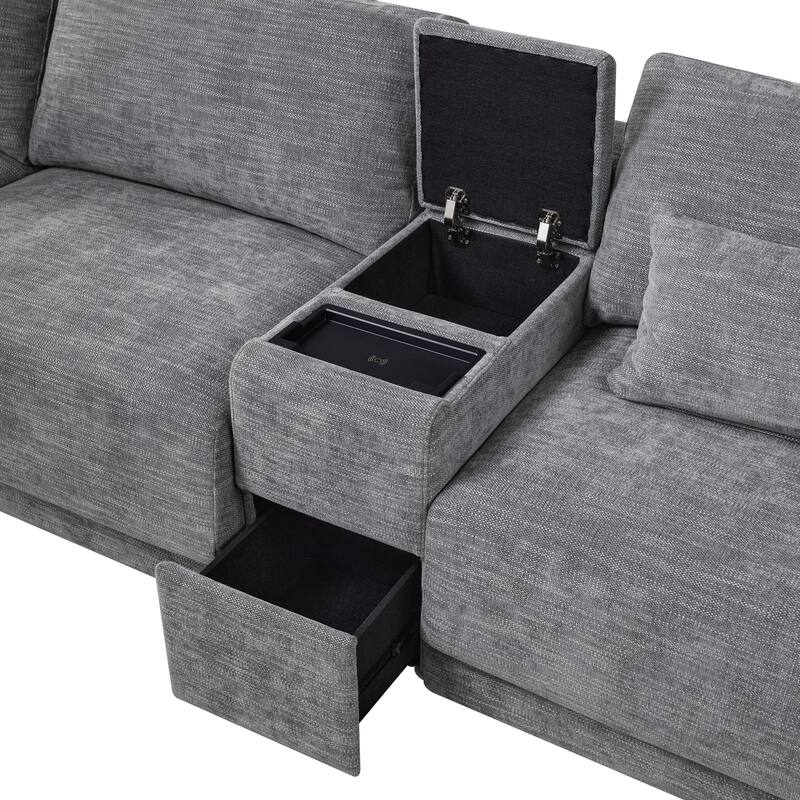 124'' Modular Sectional Sofa with Storage Console and Movable Ottoman, 4-Seat L Shaped Chenille Couch, Reversible, Gray