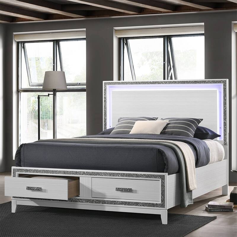 Wooden Eastern King Bed with LED in White Finish